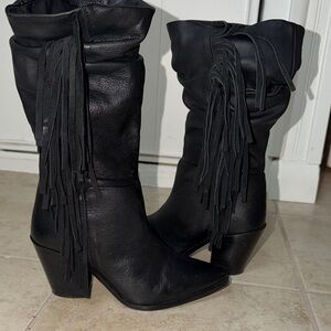 Fringe Black Leather Boots